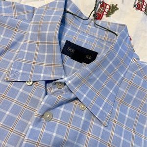 Scott Barber blue and tan plaid dress shirt